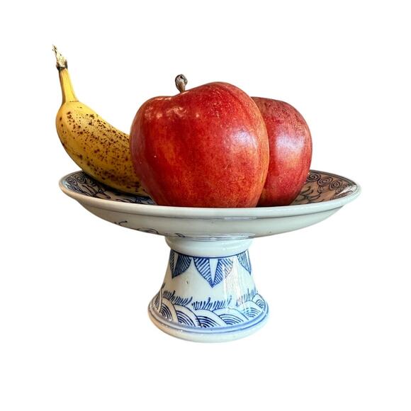 Antique Kangxi Blue And White Porcelain Lotus Pedestal Dish 8"x4" Flower Bats - Picture 7 of 7